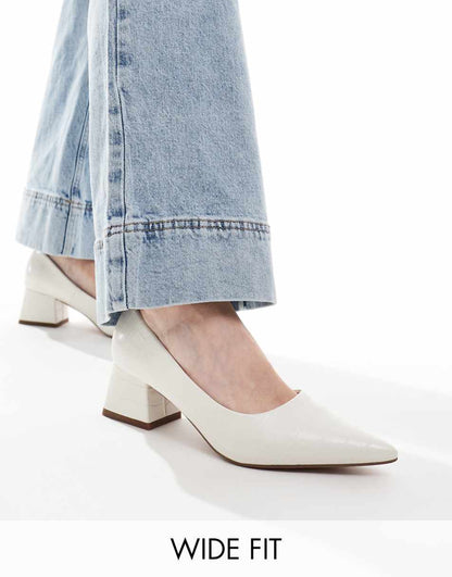 ASOS DESIGN Wide Fit Saint block mid heeled shoes in off white croc