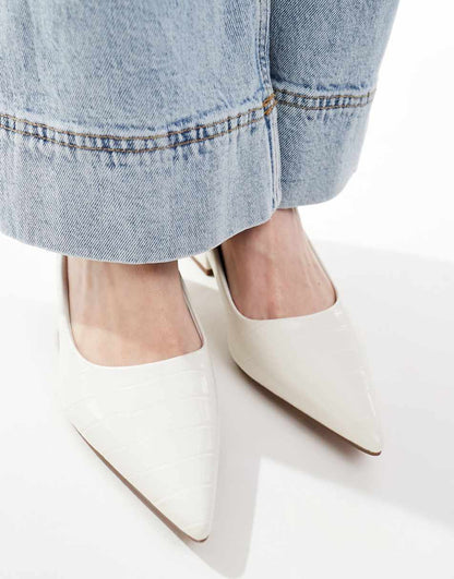 ASOS DESIGN Wide Fit Saint block mid heeled shoes in off white croc