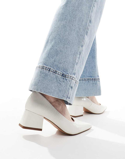 ASOS DESIGN Wide Fit Saint block mid heeled shoes in off white croc