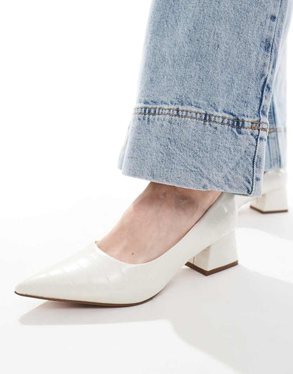 ASOS DESIGN Wide Fit Saint block mid heeled shoes in off white croc