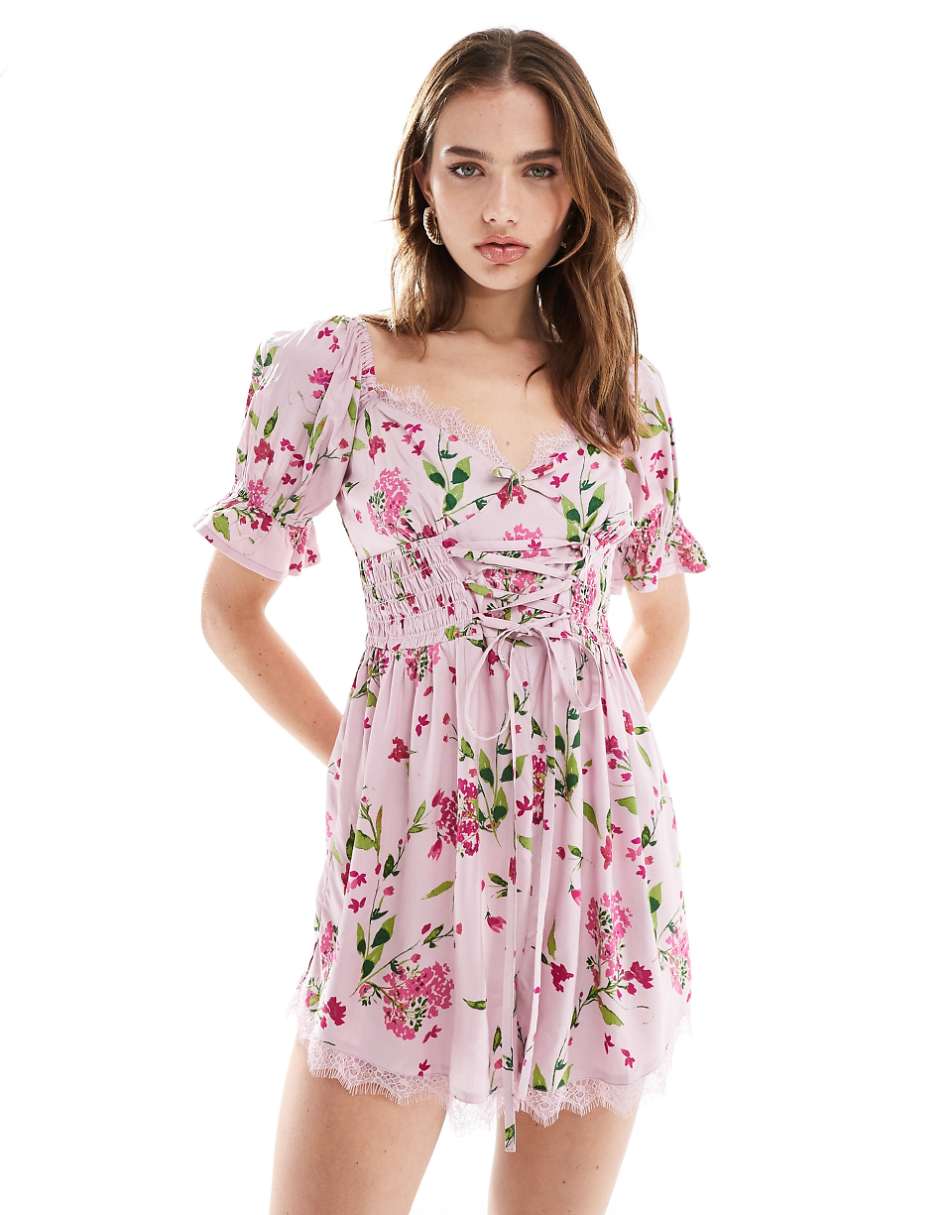 ASOS DESIGN corset waist milkmaid romper in pink floral