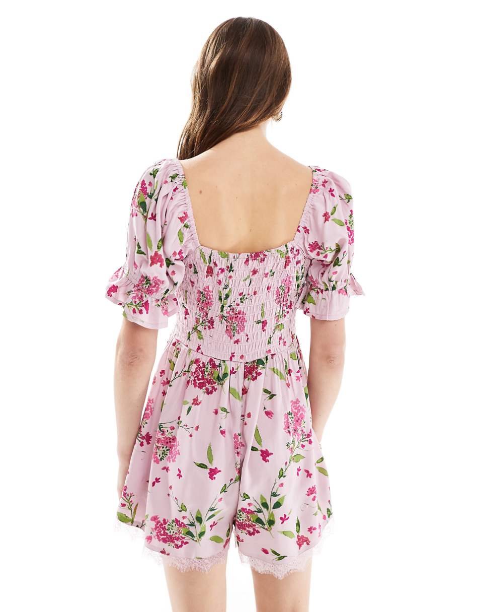 ASOS DESIGN corset waist milkmaid romper in pink floral