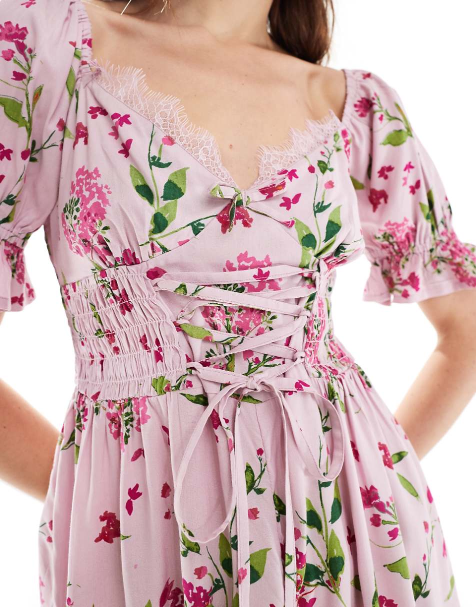 ASOS DESIGN corset waist milkmaid romper in pink floral