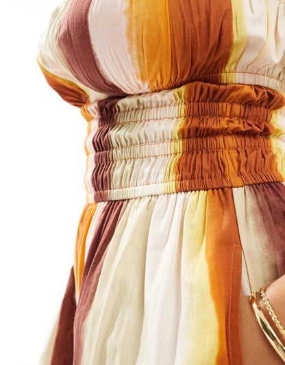 ASOS DESIGN shirred bodice wide leg jumpsuit in chocolate stripe