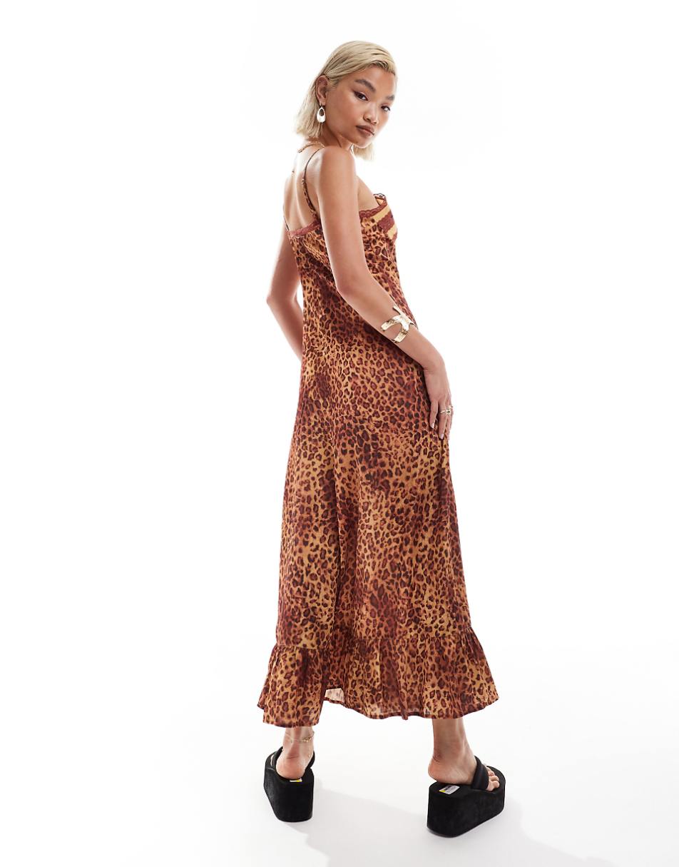 Reclaimed Vintage maxi slip dress in lepoard print with lace and bow details