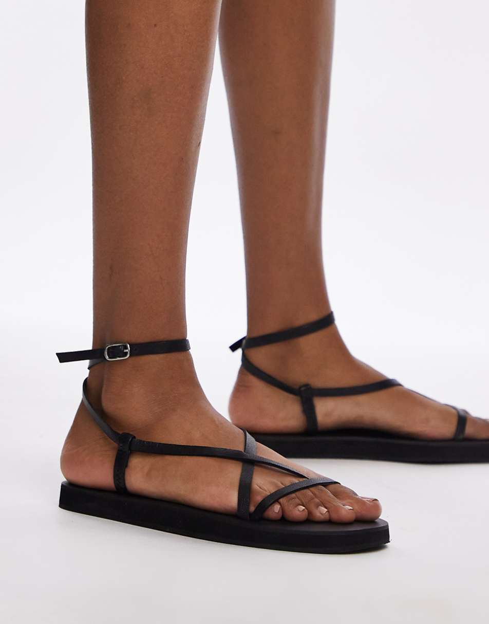 Topshop Jules leather minimal strappy flat sandals in black