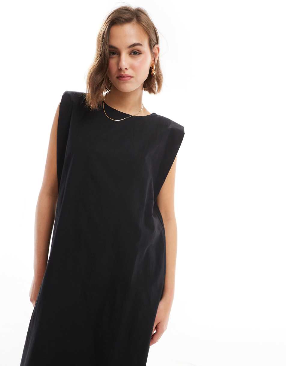 ASOS DESIGN cotton shapeless midi dress with shoulder pads in black