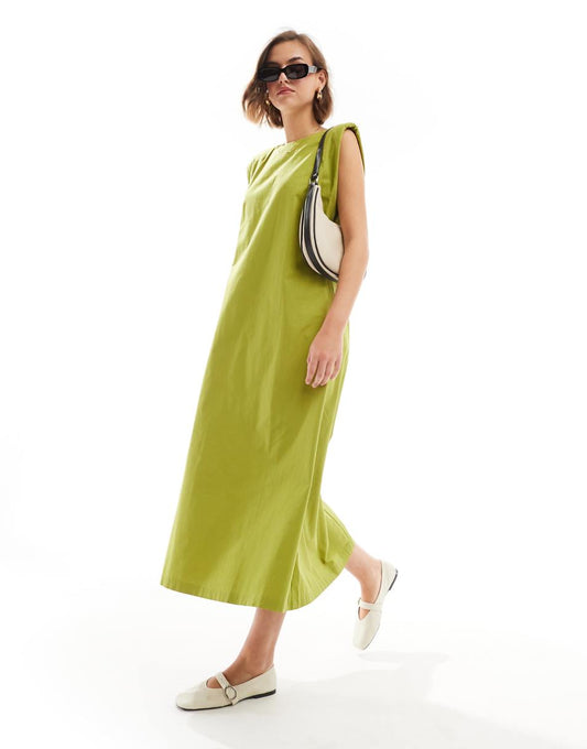 ASOS DESIGN cotton shapeless midi dress with shoulder pads in olive green