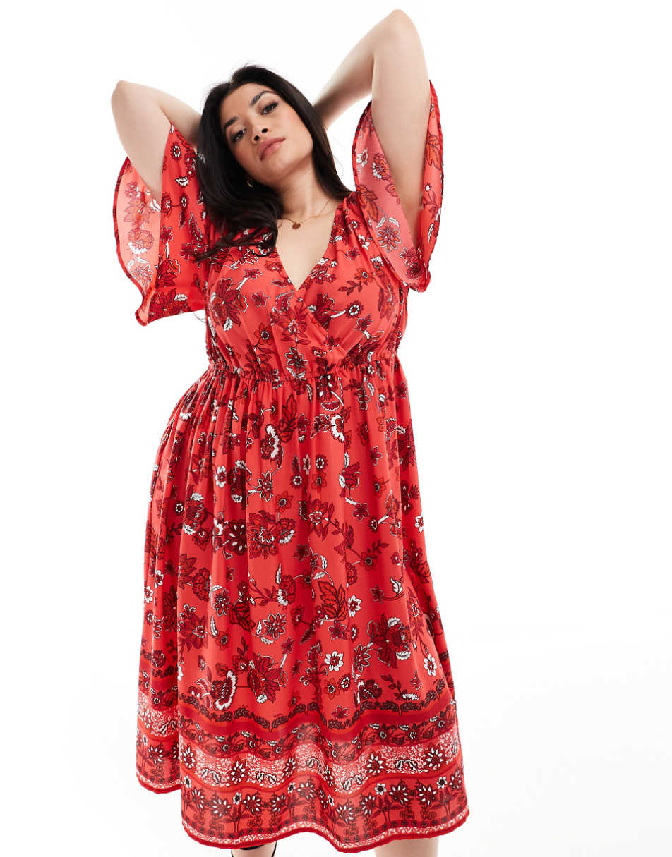 Yours puffed sleeve floral maxi dress in red floral