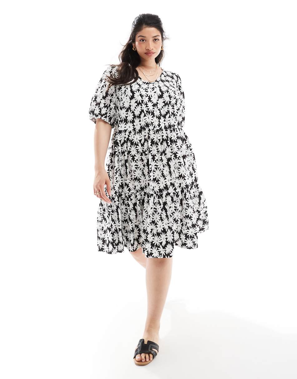 Yours tiered midi dress in black and white floral