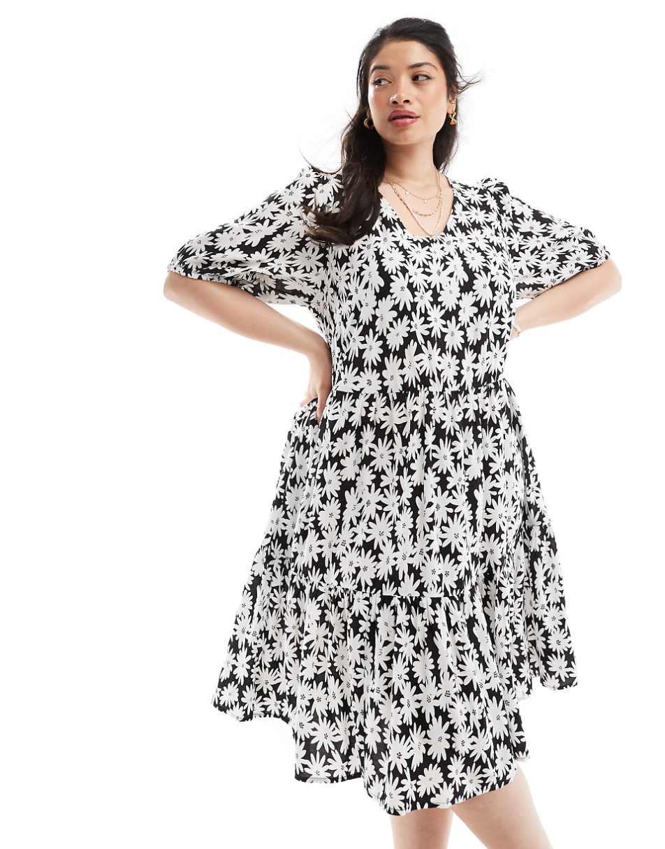 Yours tiered midi dress in black and white floral