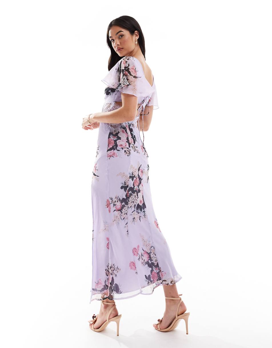 ASOS DESIGN flutter sleeve midi dress with lace insert in lilac floral print