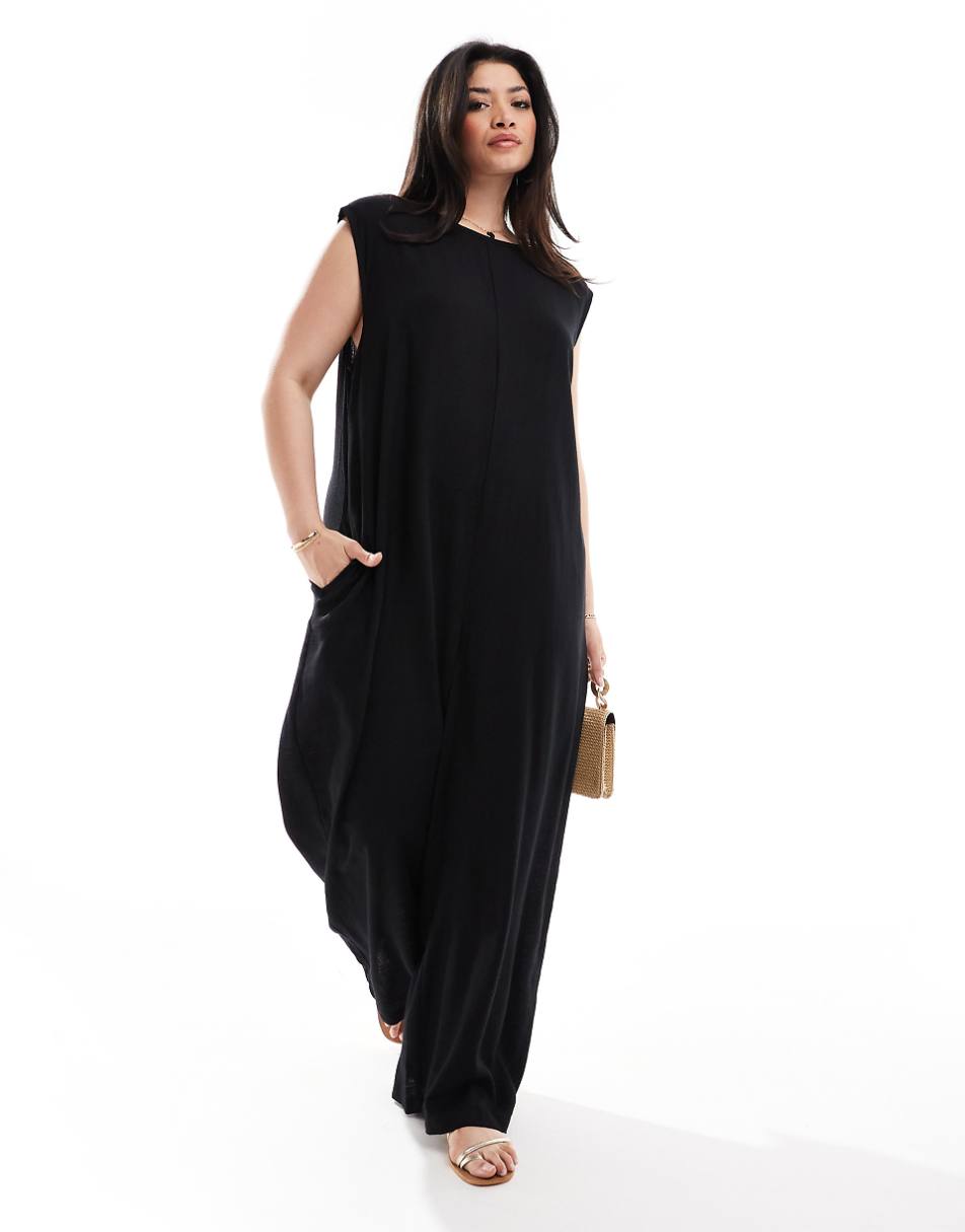 ASOS DESIGN Curve shoulder pad column wide leg jumpsuit in black