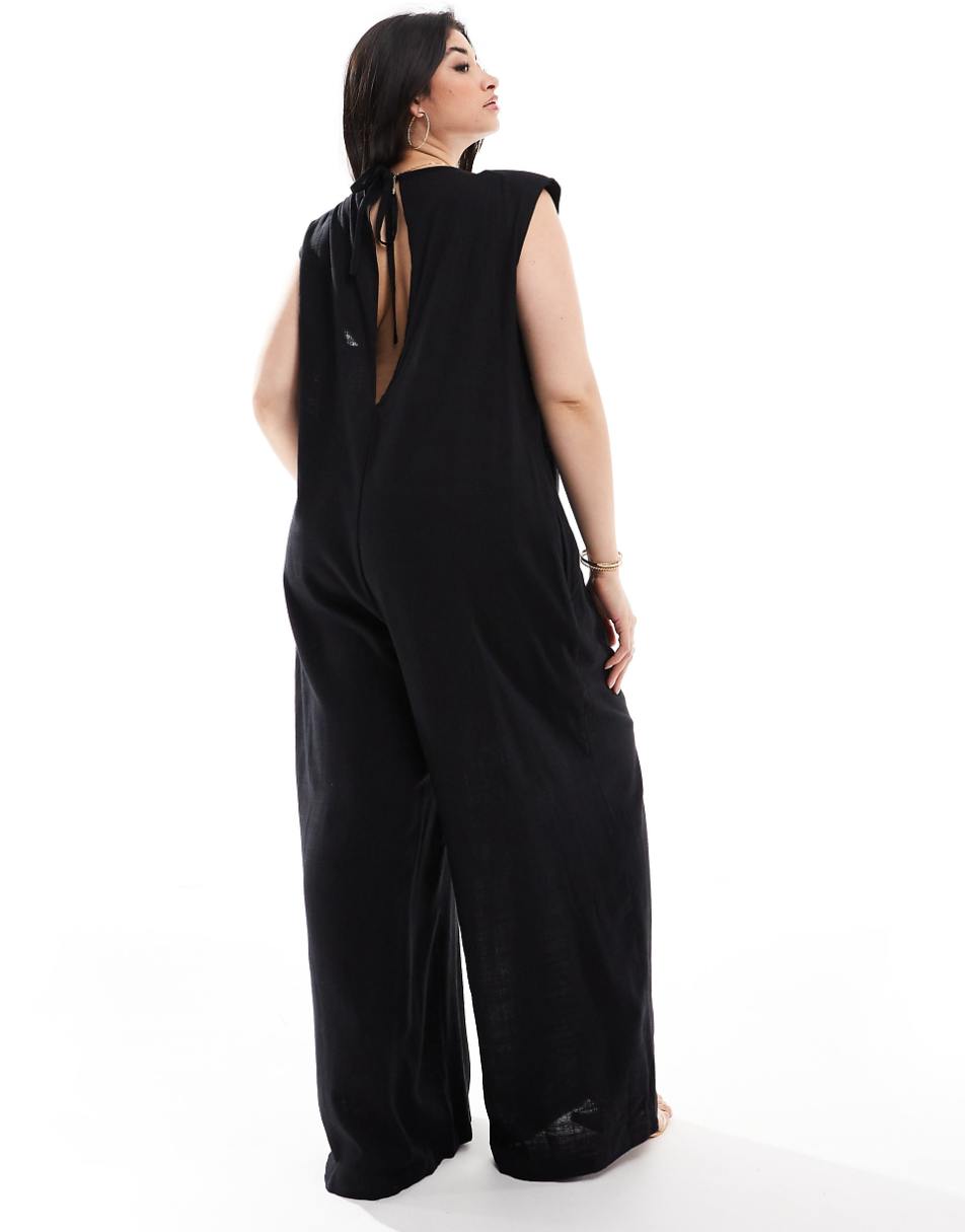 ASOS DESIGN Curve shoulder pad column wide leg jumpsuit in black