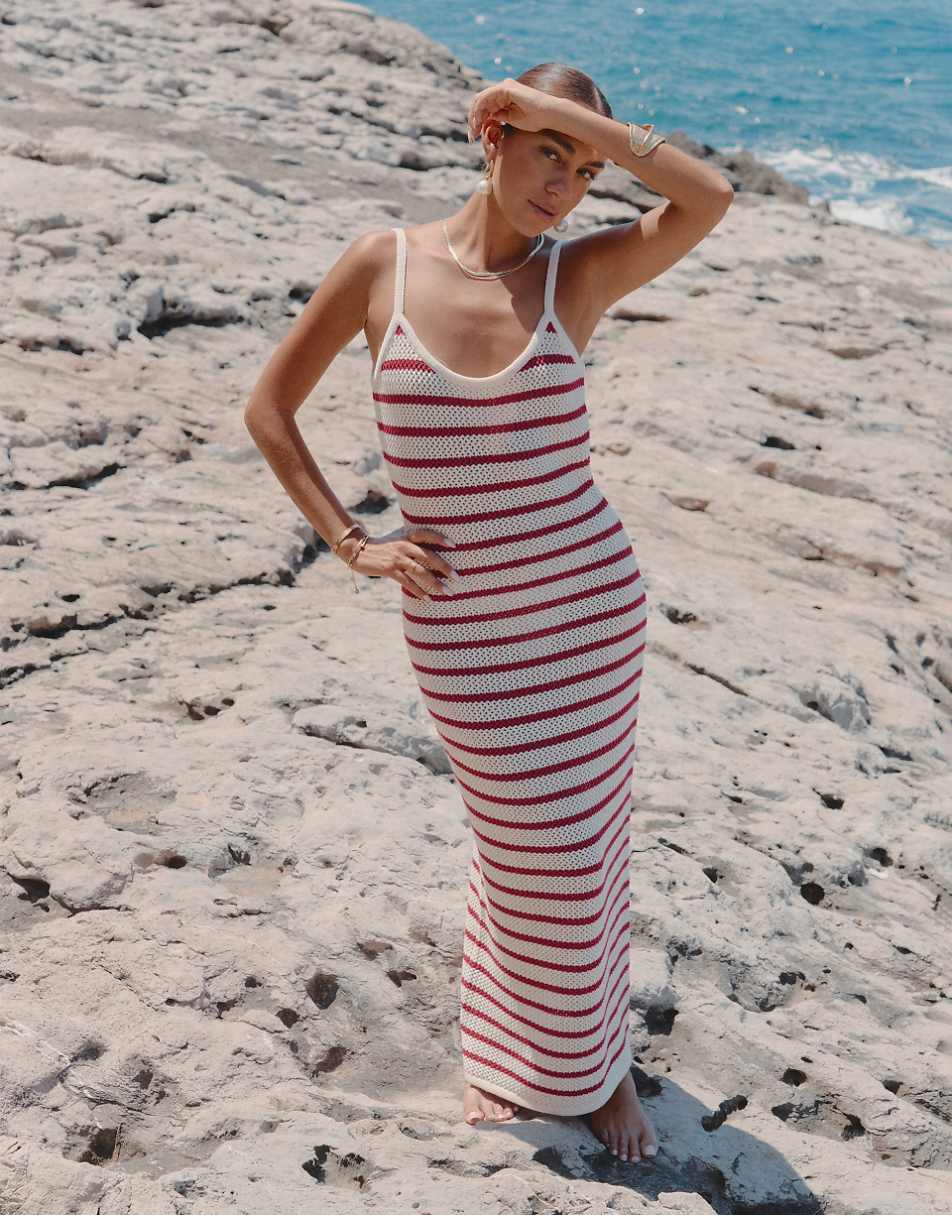 4th & Reckless x Luana Barron brittany knit maxi stripe beach dress in cherry red