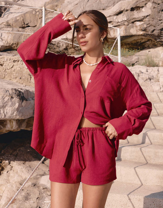 4th & Reckless x Luana Barron barron linen beach shirt in cherry red - part of a set