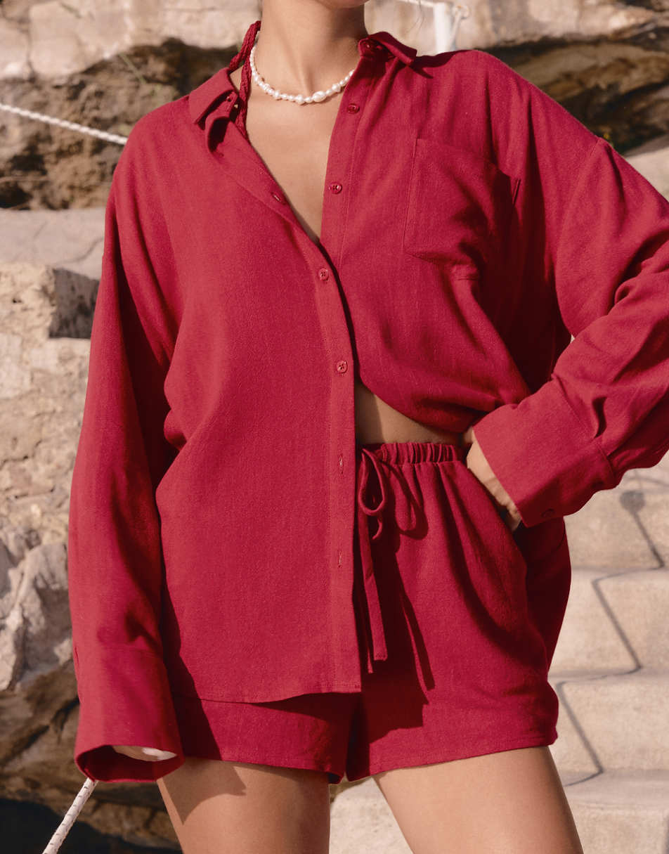 4th & Reckless x Luana Barron barron linen beach shirt in cherry red - part of a set