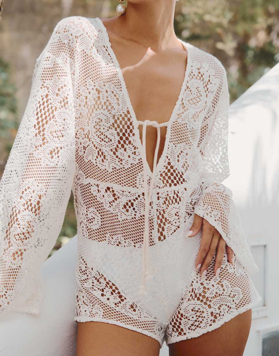 4th & Reckless x Luana Barron ambre long sleeve crochet romper in off white