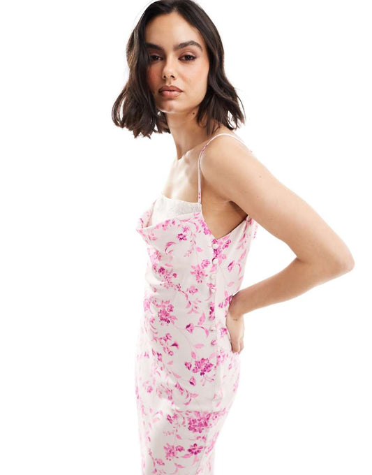 ASOS DESIGN contrast lace cowl neck midi slip dress in pretty pink floral print