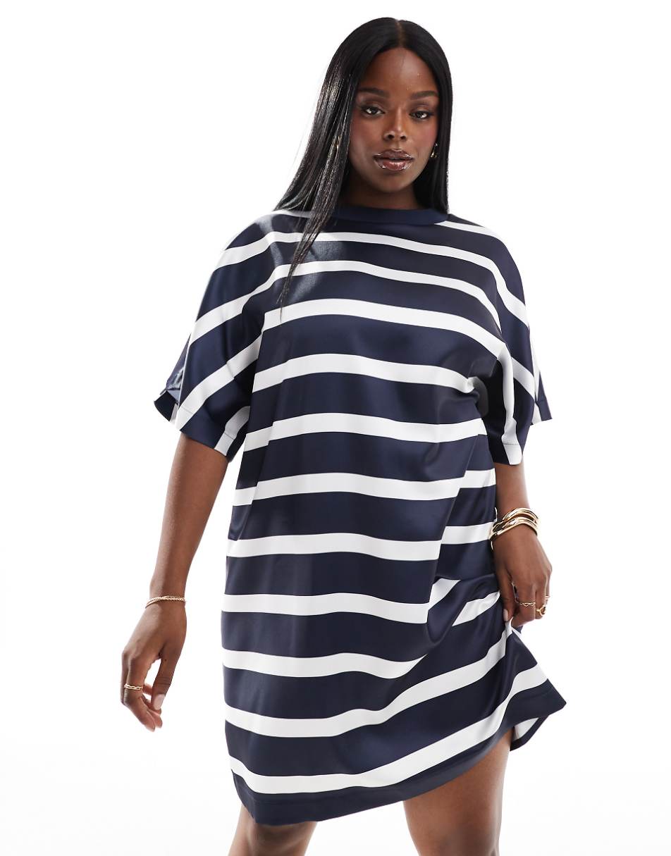 ASOS DESIGN Curve satin oversized mini tshirt dress in navy stripe