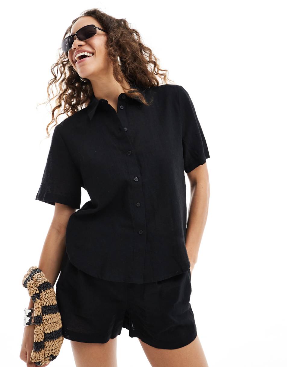 Monki short sleeve linen shirt in black - part of a set