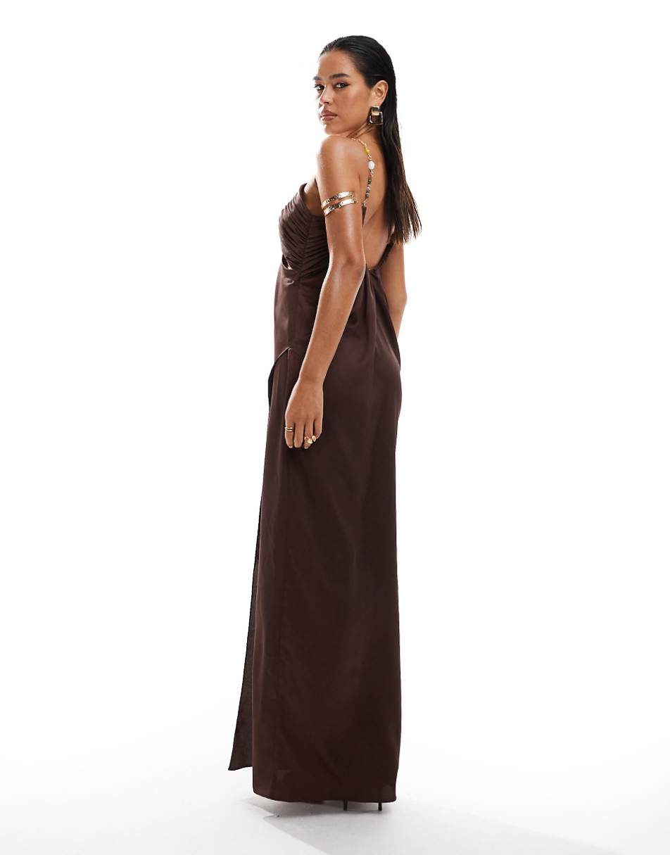 ASOS DESIGN draped satin wrap maxi dress with gold hardware and keyhole detail in chocolate