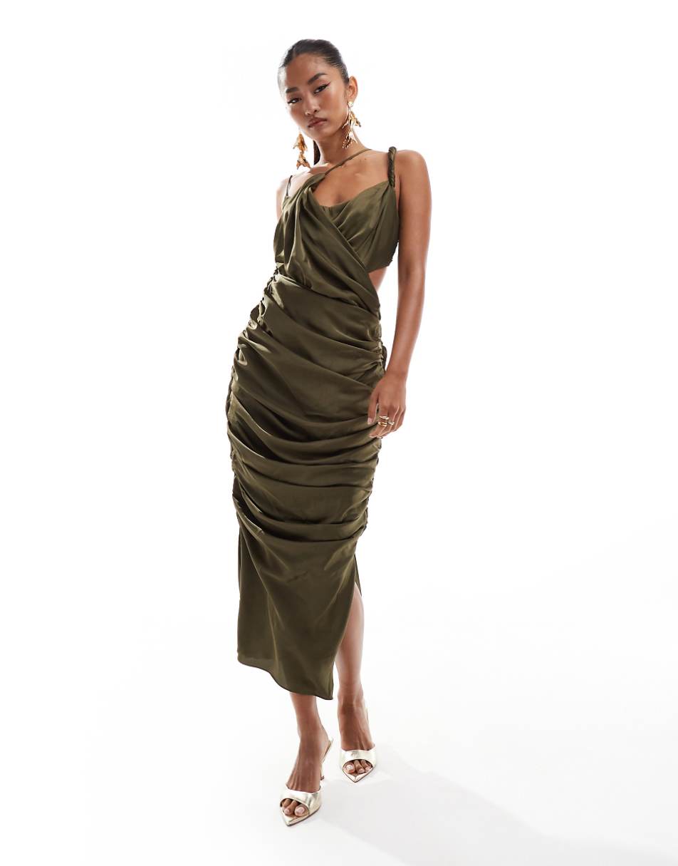 ASOS DESIGN draped twist shoulder midi dress in khaki