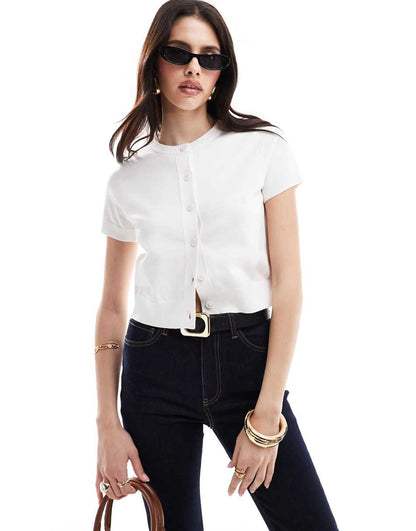 ASOS DESIGN crew neck short sleeve cardigan in cream