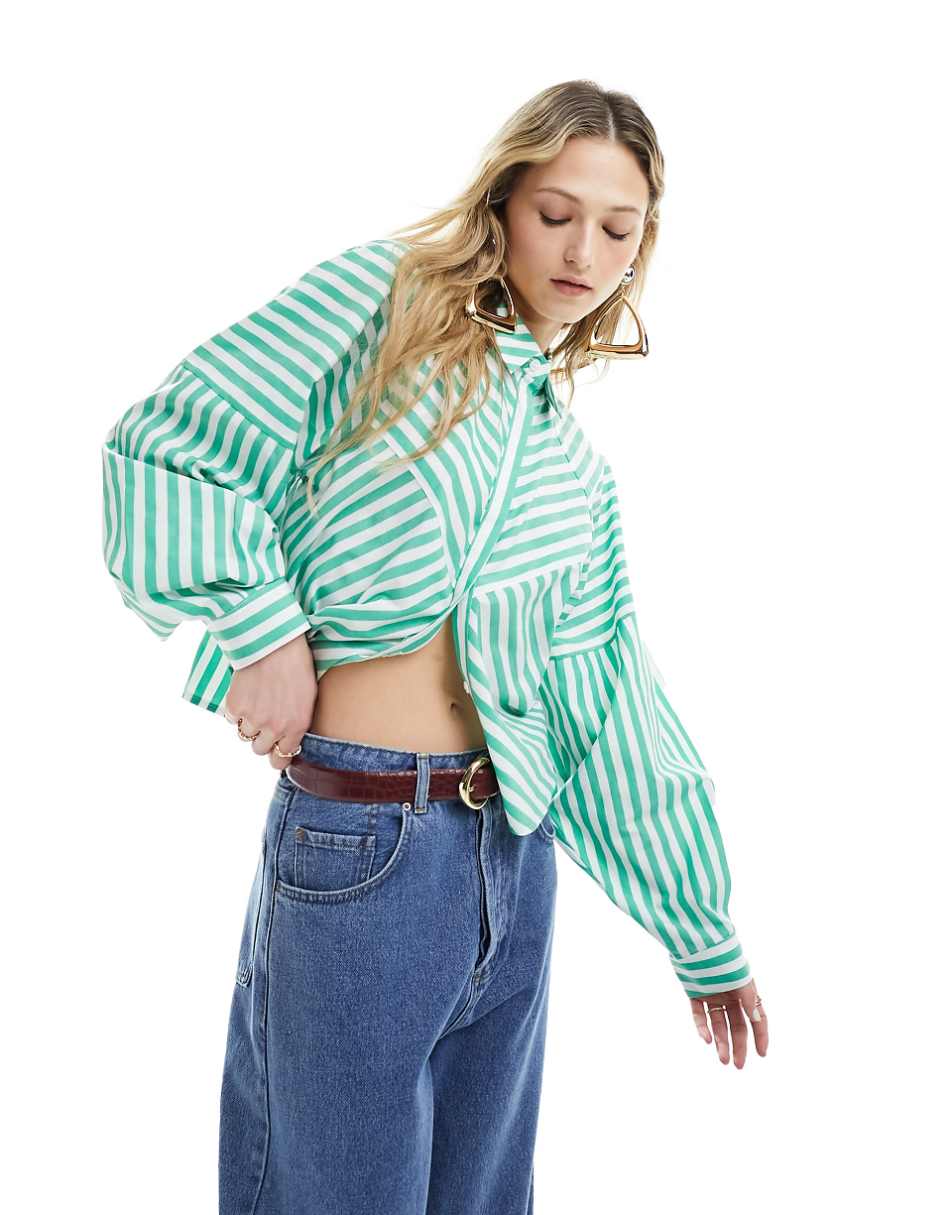 ASOS DESIGN spliced detail volume shoulder shirt in green stripe