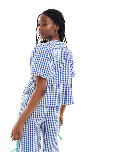 Neon Rose gingham and bow detail smock blouse in blue and green - part of a set