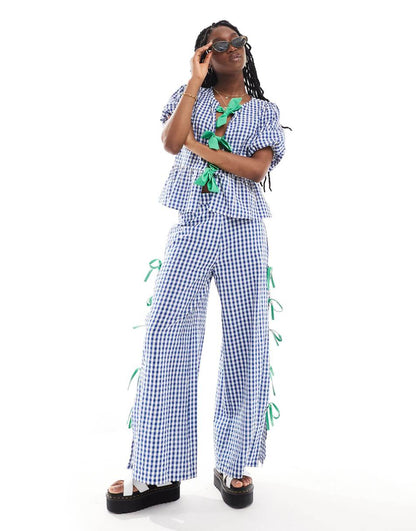 Neon Rose gingham and bow detail smock blouse in blue and green - part of a set
