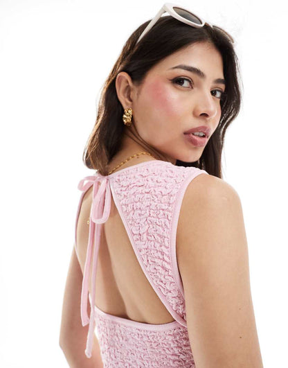 ASOS DESIGN crinkle shirred bodice maxi dress with open back in baby pink
