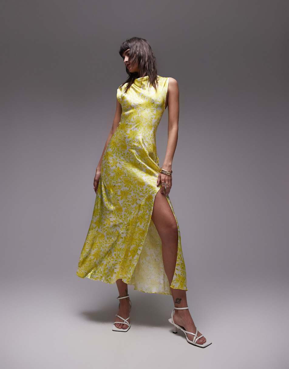 Topshop drape neck maxi dress in lime floral