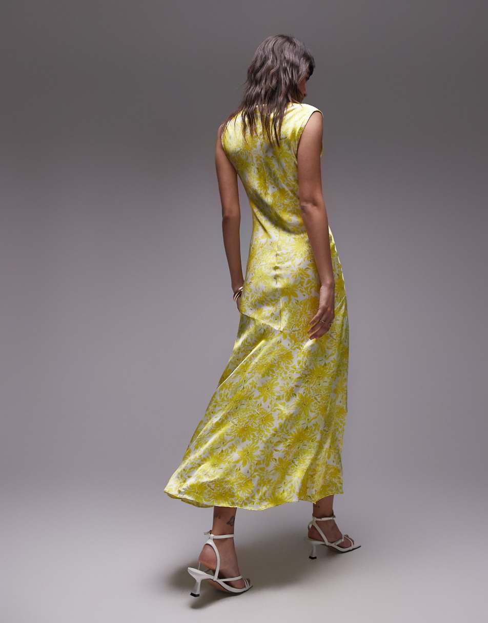 Topshop drape neck maxi dress in lime floral