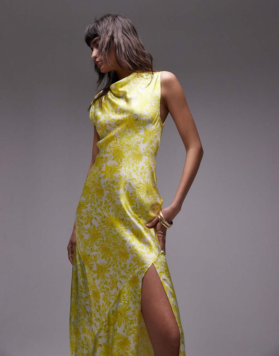 Topshop drape neck maxi dress in lime floral