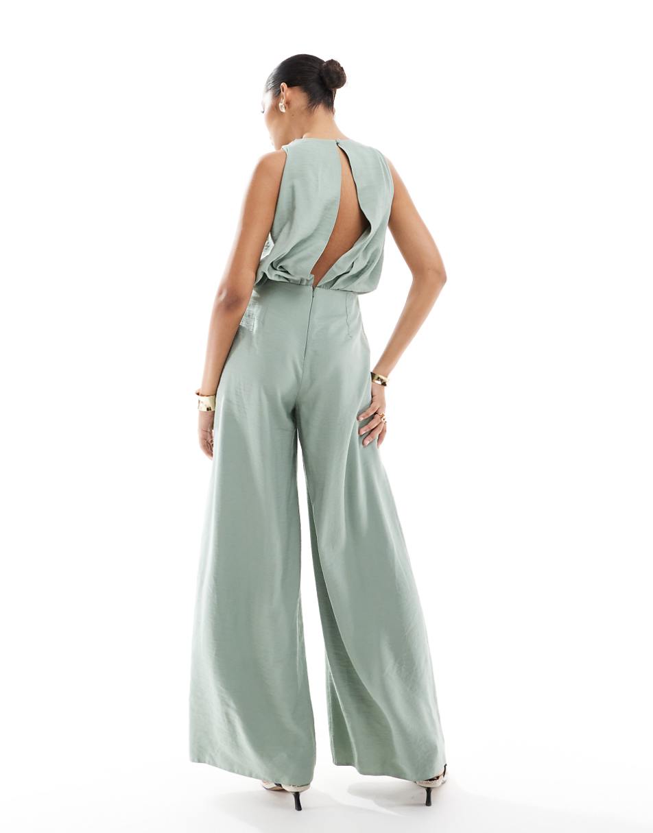 ASOS DESIGN high neck wide leg jumpsuit in sage green