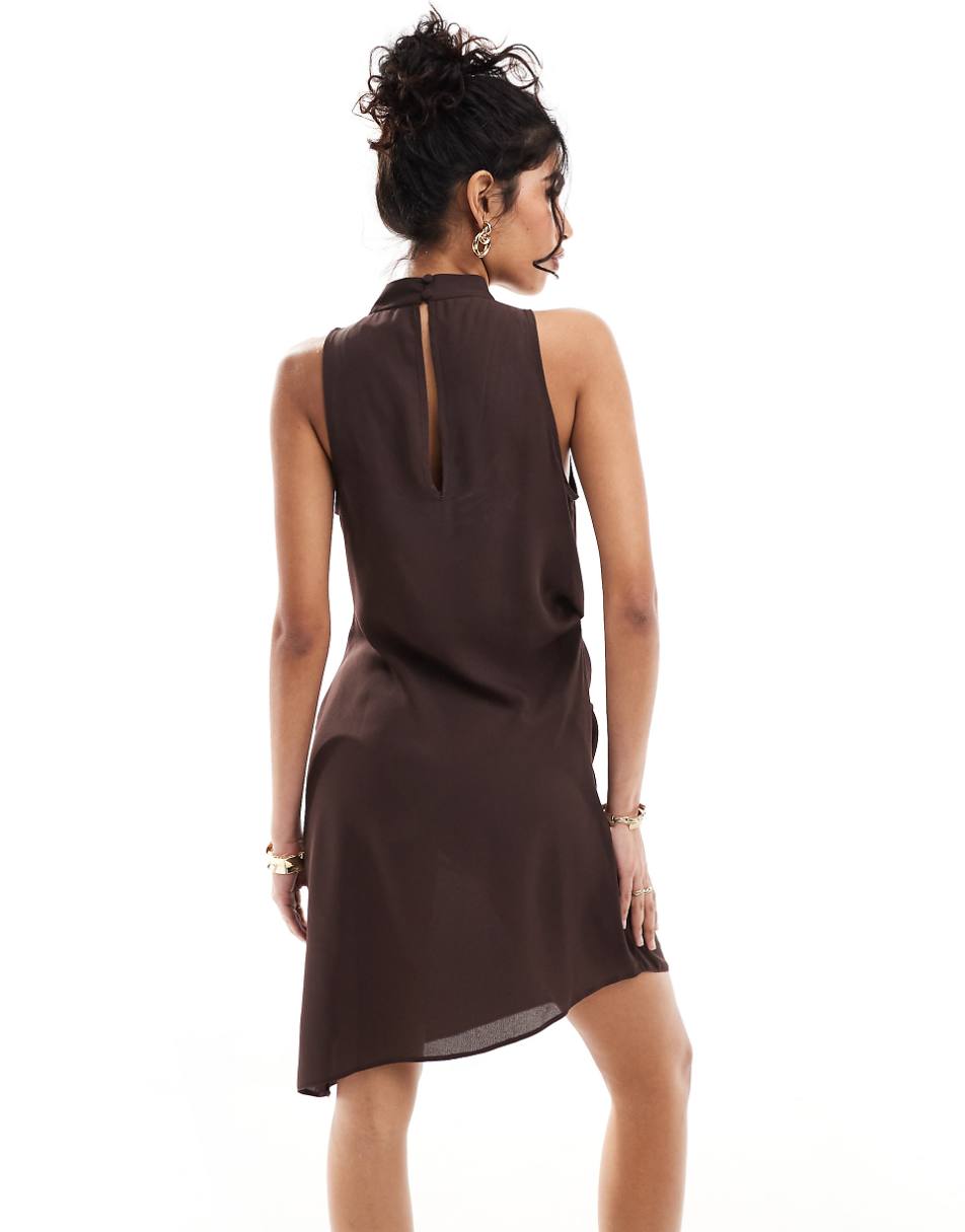 ASOS DESIGN cowl neck drape asymmetric midi dress in chocolate