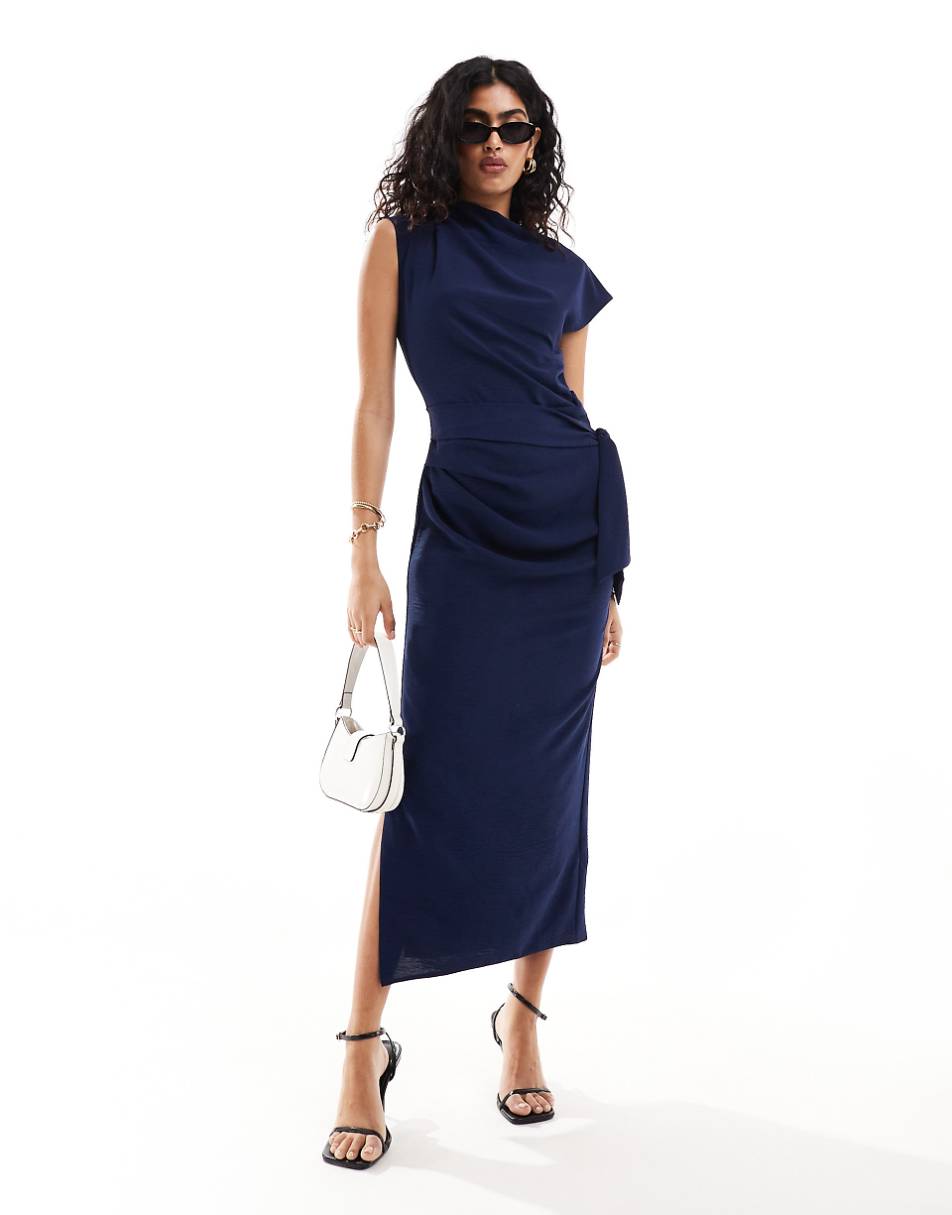 ASOS DESIGN drape waist midi dress with wrap skirt in navy