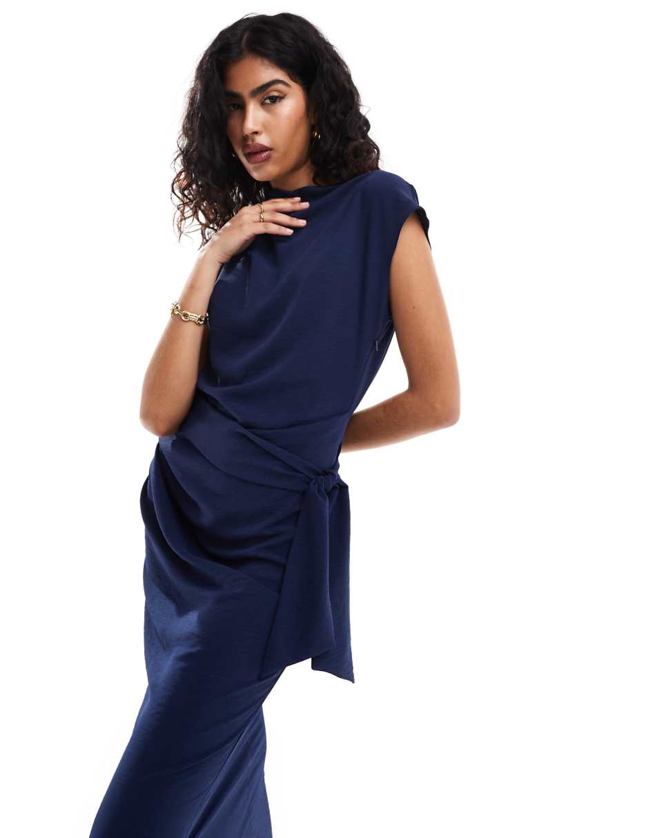 ASOS DESIGN drape waist midi dress with wrap skirt in navy