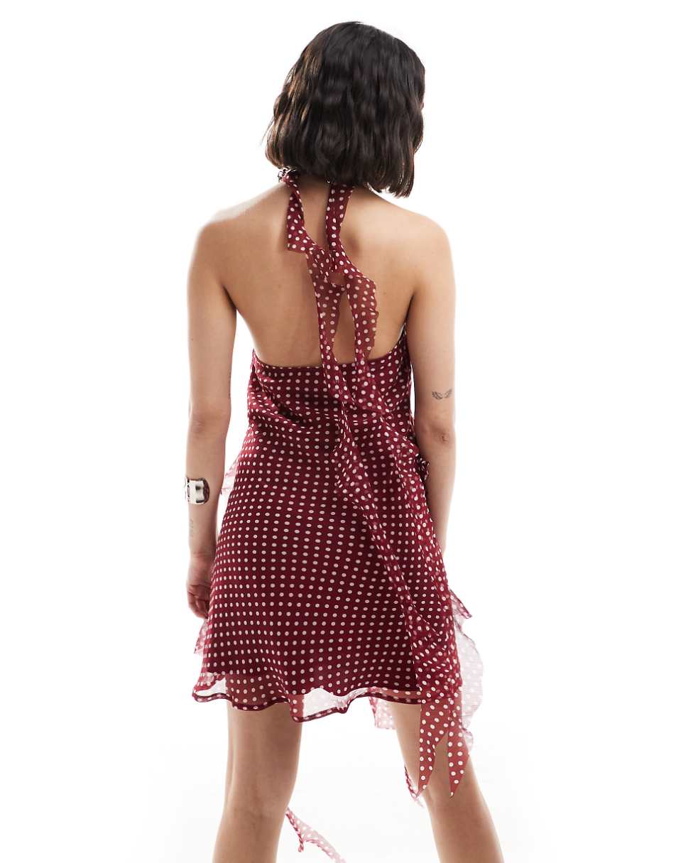 ASOS DESIGN asymmetric frill detail mini dress in rust spot