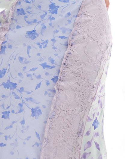 ASOS DESIGN v neck lace insert bias midi dress in spliced floral print