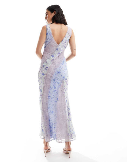 ASOS DESIGN v neck lace insert bias midi dress in spliced floral print