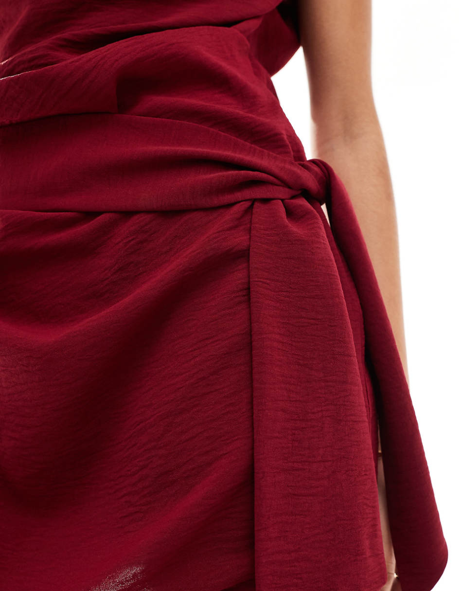 ASOS DESIGN drape waist mini dress with wrap skirt in wine