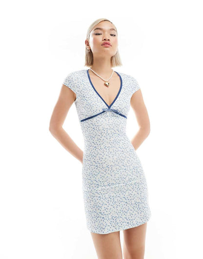 Glamorous v neck short sleeve mini dress in vintage blue floral and velvet ribbon trim