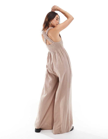 ASOS DESIGN shirred bodice jumpsuit with elastic straps in charcoal
