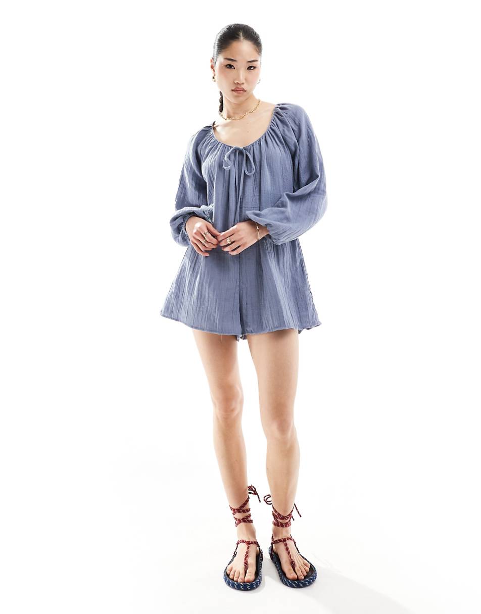 ASOS DESIGN long sleeve romper romper with bead detailing in blue