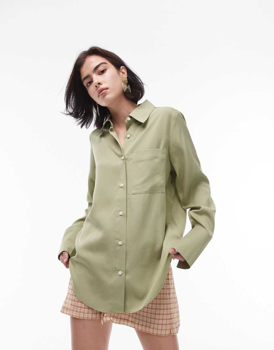 Topshop oversized shirt with contrast buttons in khaki