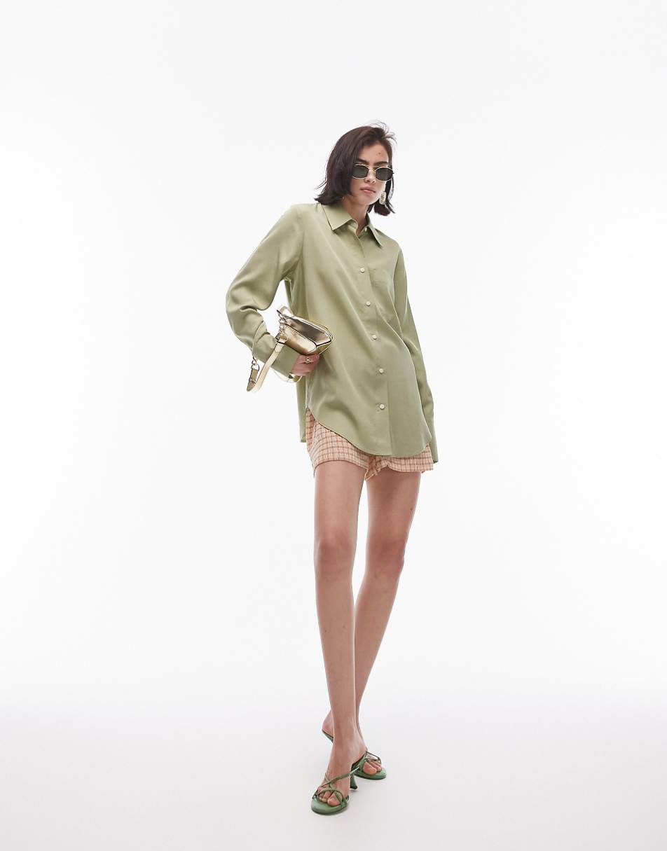 Topshop oversized shirt with contrast buttons in khaki