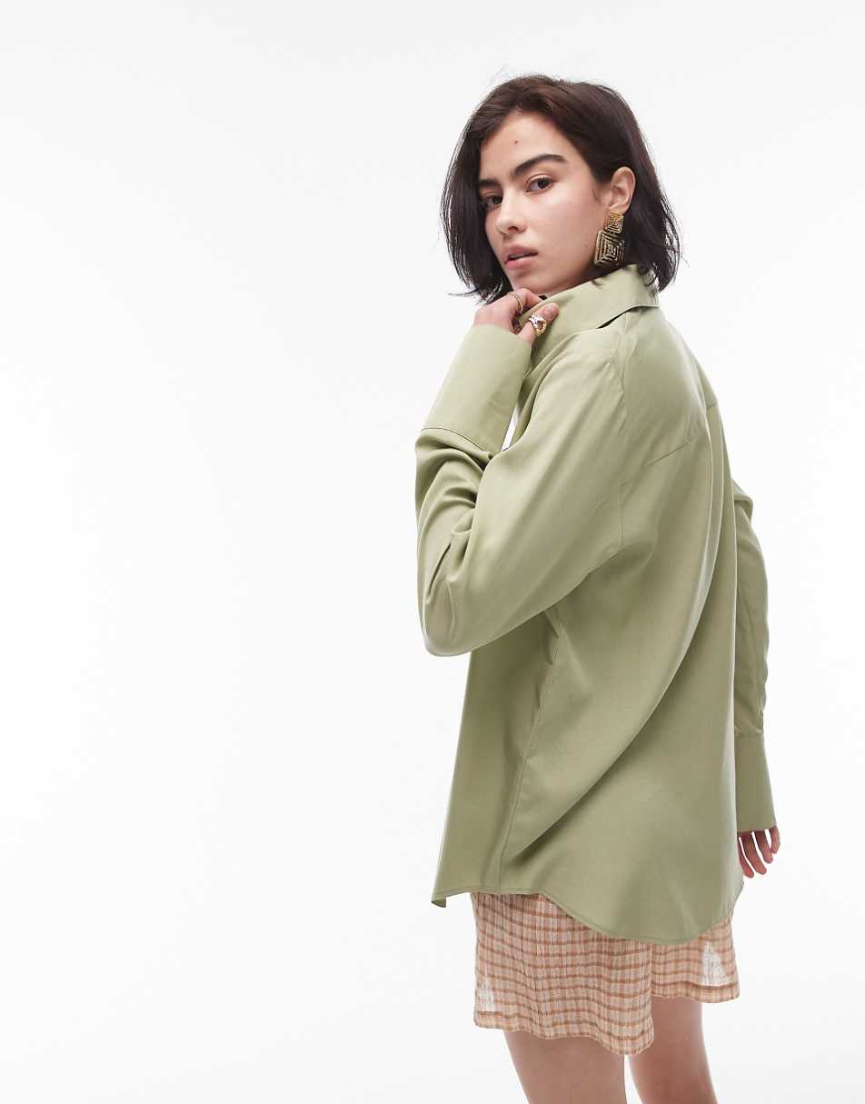 Topshop oversized shirt with contrast buttons in khaki