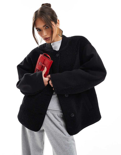 ASOS DESIGN spliced teddy formal jacket in black